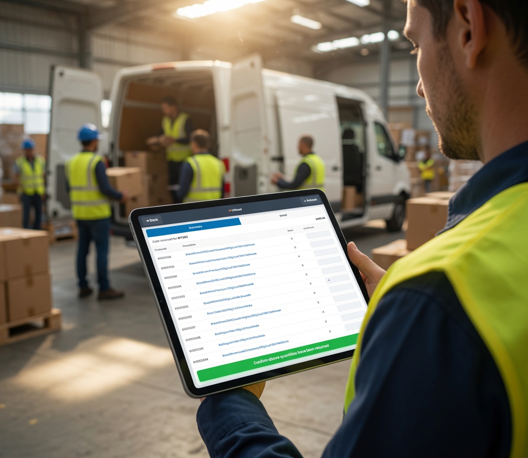 Offload controller returning stock to the warehouse — intake UI matching quantities and SKU back to bins or bulk locations, with variance flags